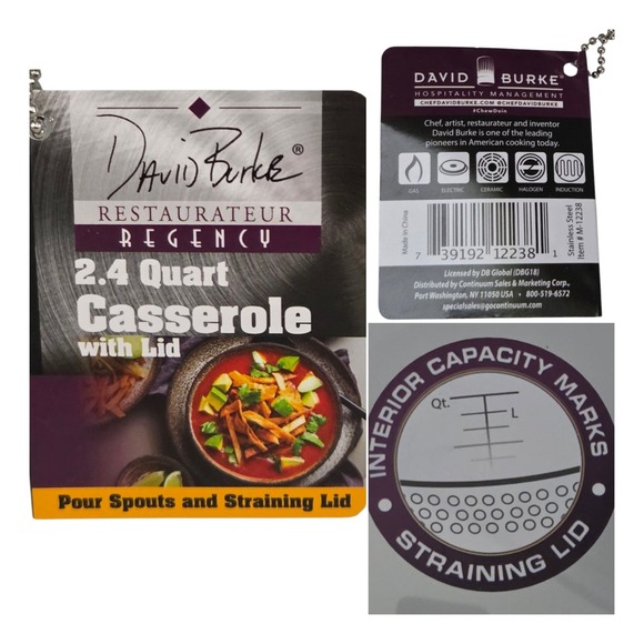 David Burke Cookware Regency 2.4Qt Stainless Steel Casserole Pot Straining Lid‎ - Picture 6 of 15